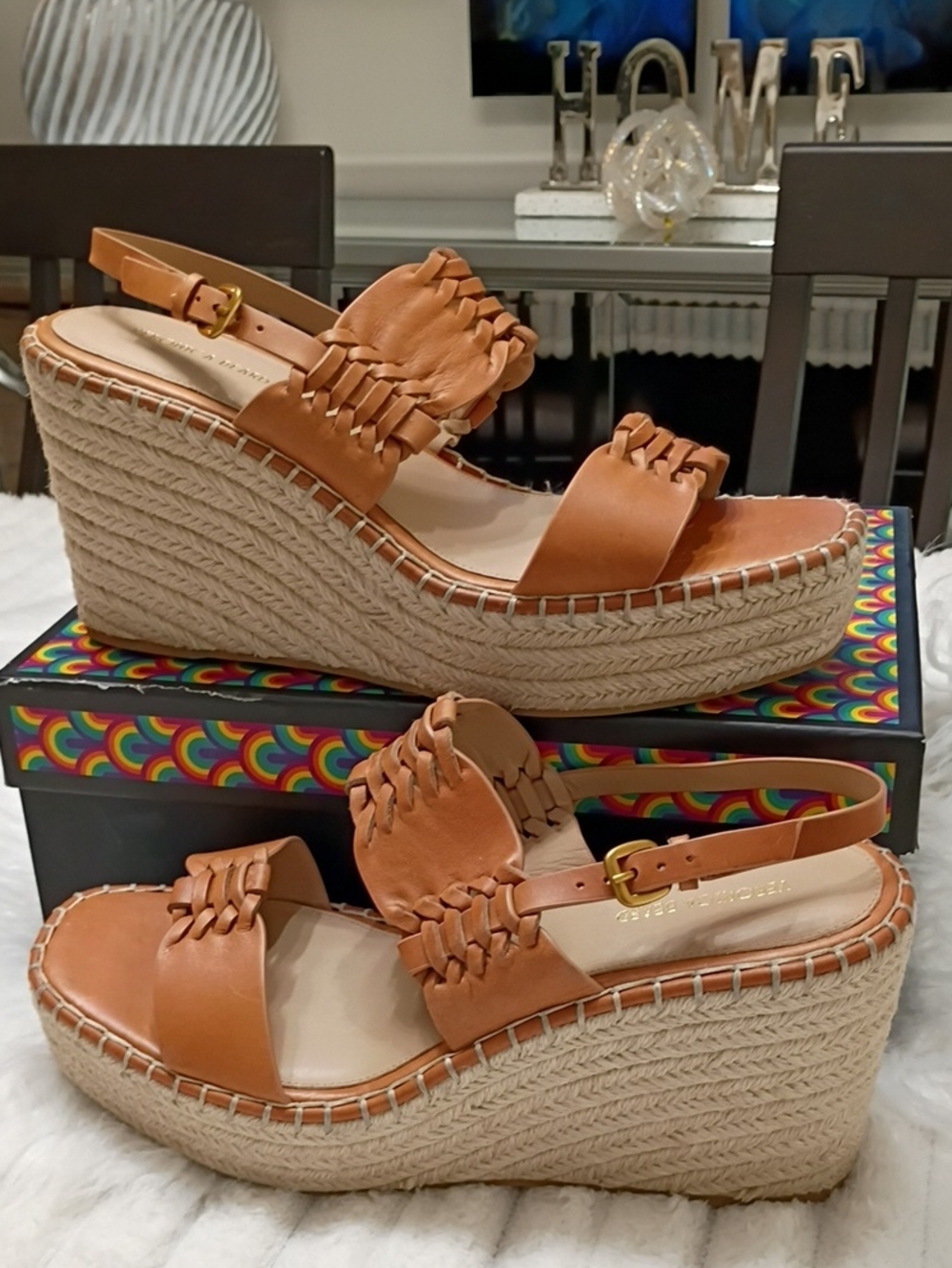 Veronica Beard Riya Cognac Leather Woven Espadrille Wedge Sandals